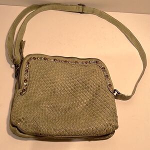 Vintage Platania Italian olive woven leather bag zippered opening w/ metal studs